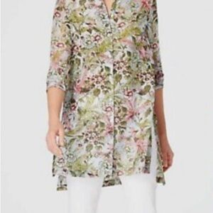 J Jill Silk Blend Floral Hummingbird Pattern LS Button Up Tunic